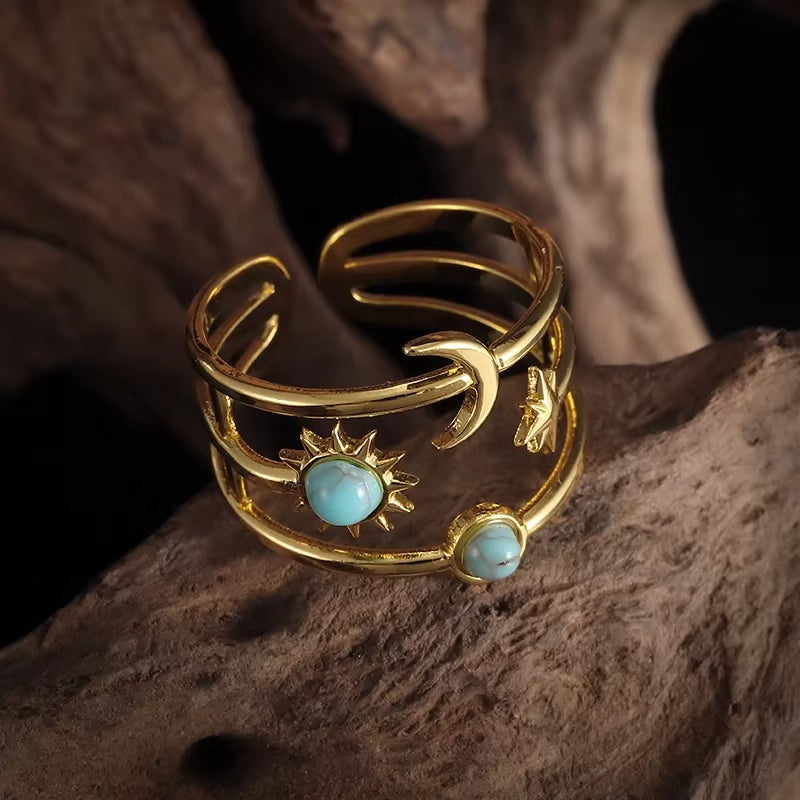 Bague Trois Anneaux Pierre Lune, Soleil et Étoile