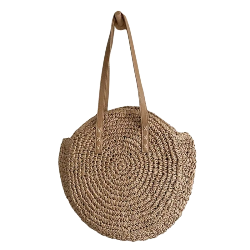 Sac Rond en Paille Tissé Soleil sur fond blanc