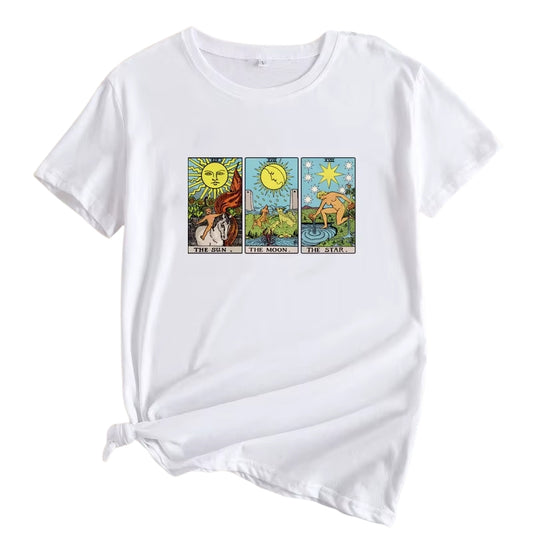 T-shirt Carte de Tarot Soleil, Lune, Étoile sur fond blanc