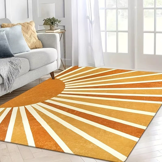 Tapis Polymère Soleil Jaune et Orange dans un salon devant un canapé et une porte-fenêtre