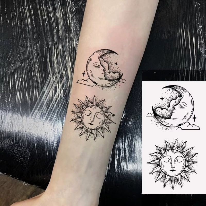 Tatouage éphèmére Dot Point Soleil et Lune, tatoué sur un bras