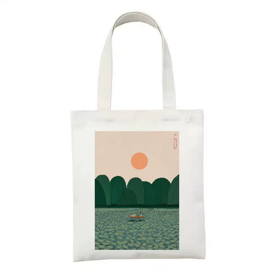 Tote Bag Design Paysage Soleil Surf sur fond blanc