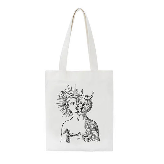 Tote Bag Illustration Lune et Soleil sur fond blanc